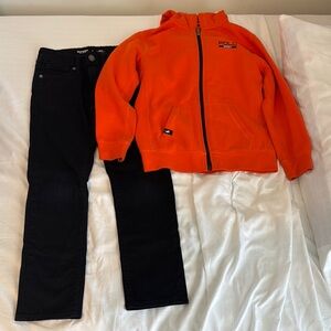 Old Navy black jeans gently worn. 
Polo by Ralph Lauren Kids Orange Jacket FREE.
